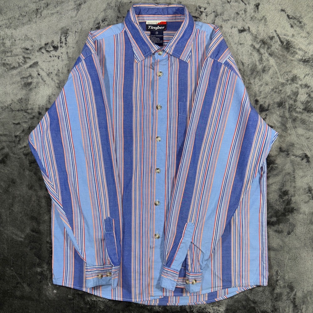 Timber Sportswear Mens Blue Striped Cotton Long Sleeve Button Down Shirt Size 18